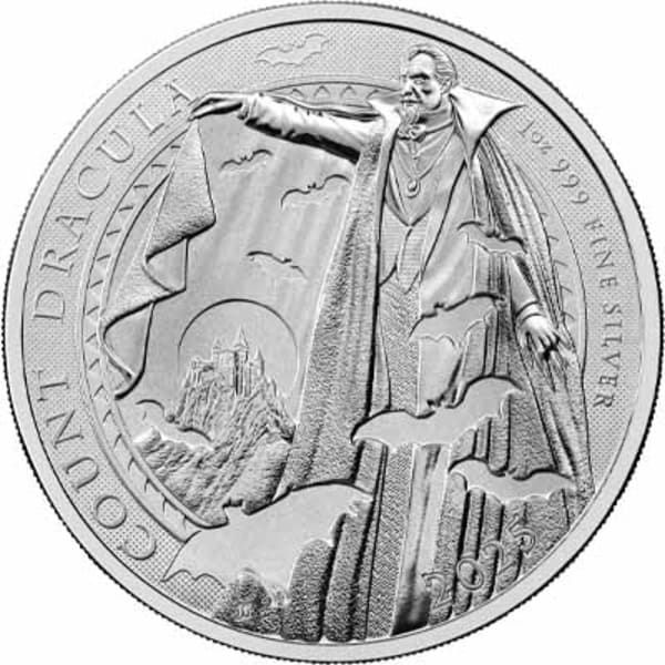 Reverse side of the 2025 Count Dracula 1oz silver coin