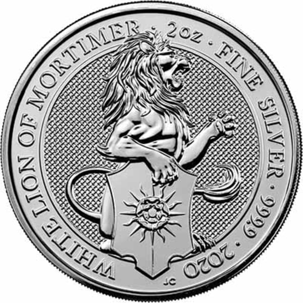 Reverse side of the 2020 White Lion of Mortimer 2oz silver coin
