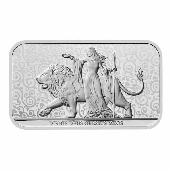Front view of the 2024 Una and the Lion 1oz Silver Minted Bar