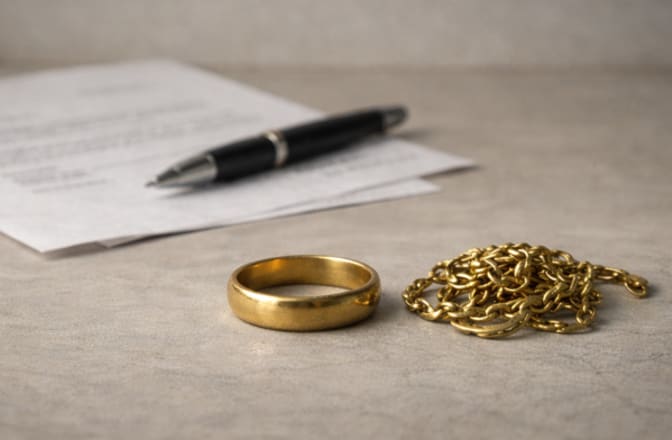A small quantity of gold jewellery in the foreground, with a formal looking letter, blurred out, in the background
