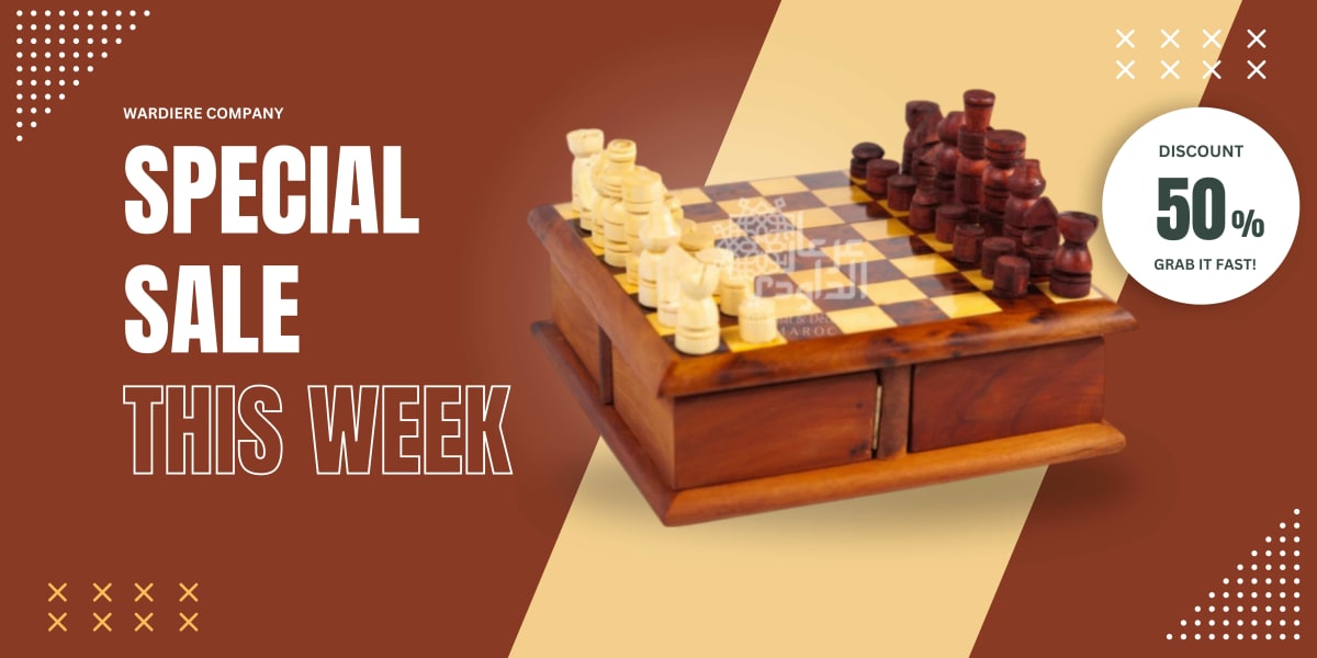 Handcrafted wooden chessboard with built-in drawers and classic chess pieces, displayed in a promotional ad for a 50% discount special sale by Wardiere Company, featuring bold text and a modern brown-beige background.