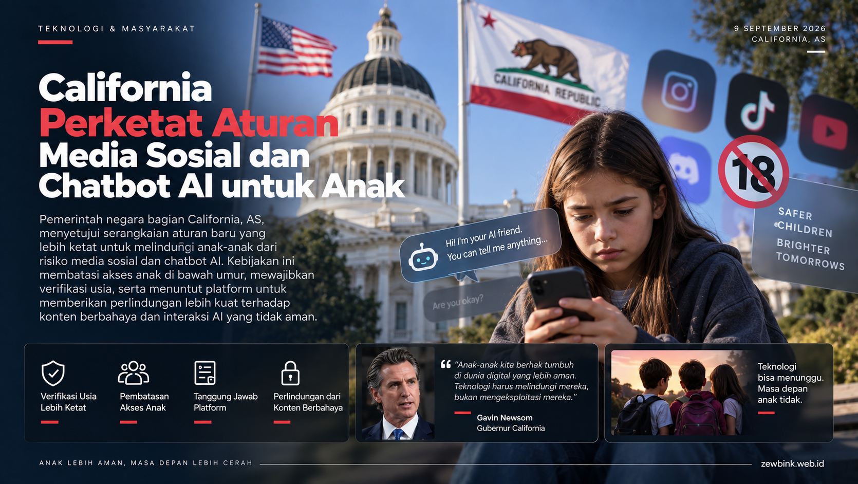 California Perketat Aturan Media Sosial dan Chatbot AI untuk Anak