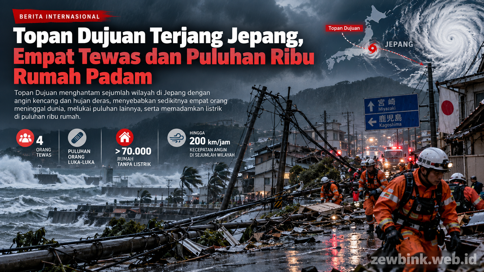 Topan Dujuan Terjang Jepang, Empat Tewas dan Puluhan Ribu Rumah Padam