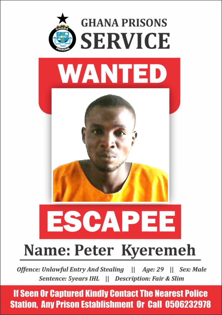 Ghana Prisons Service Declares Man Wanted for Escaping from Custody