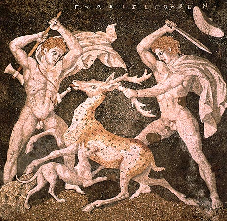 Ancient Greek mosaic of a stag hunt, 4th century BC