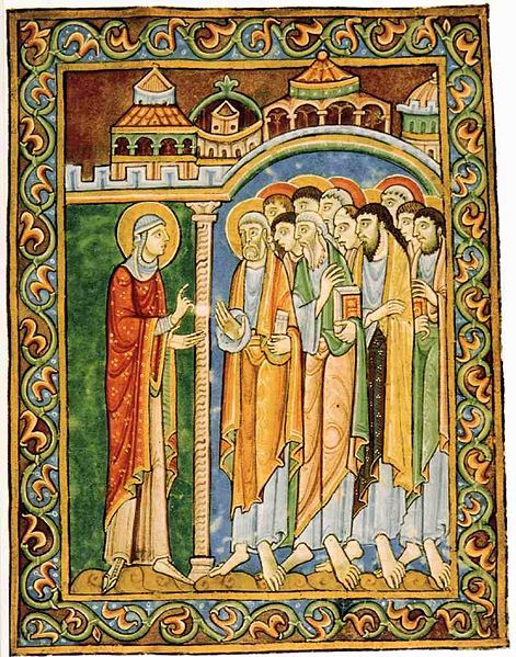 Mary Magdalen announcing the Resurrection to the Apostles, St Albans Psalter, English, 1120–1145