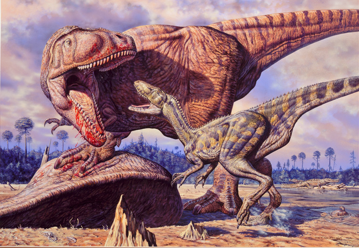 Mark Hallet's painting of dinosaurs eating a carcass