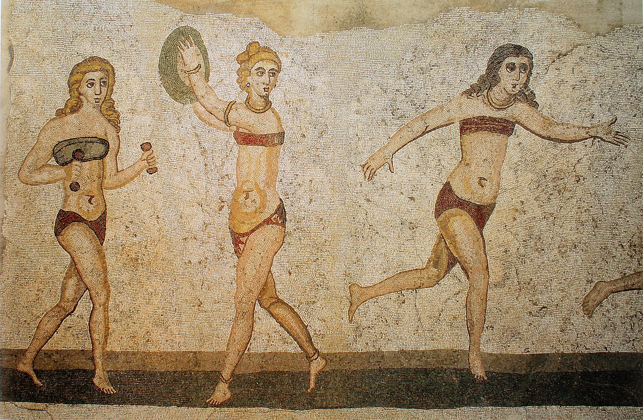 Roman women in bikinis play sports