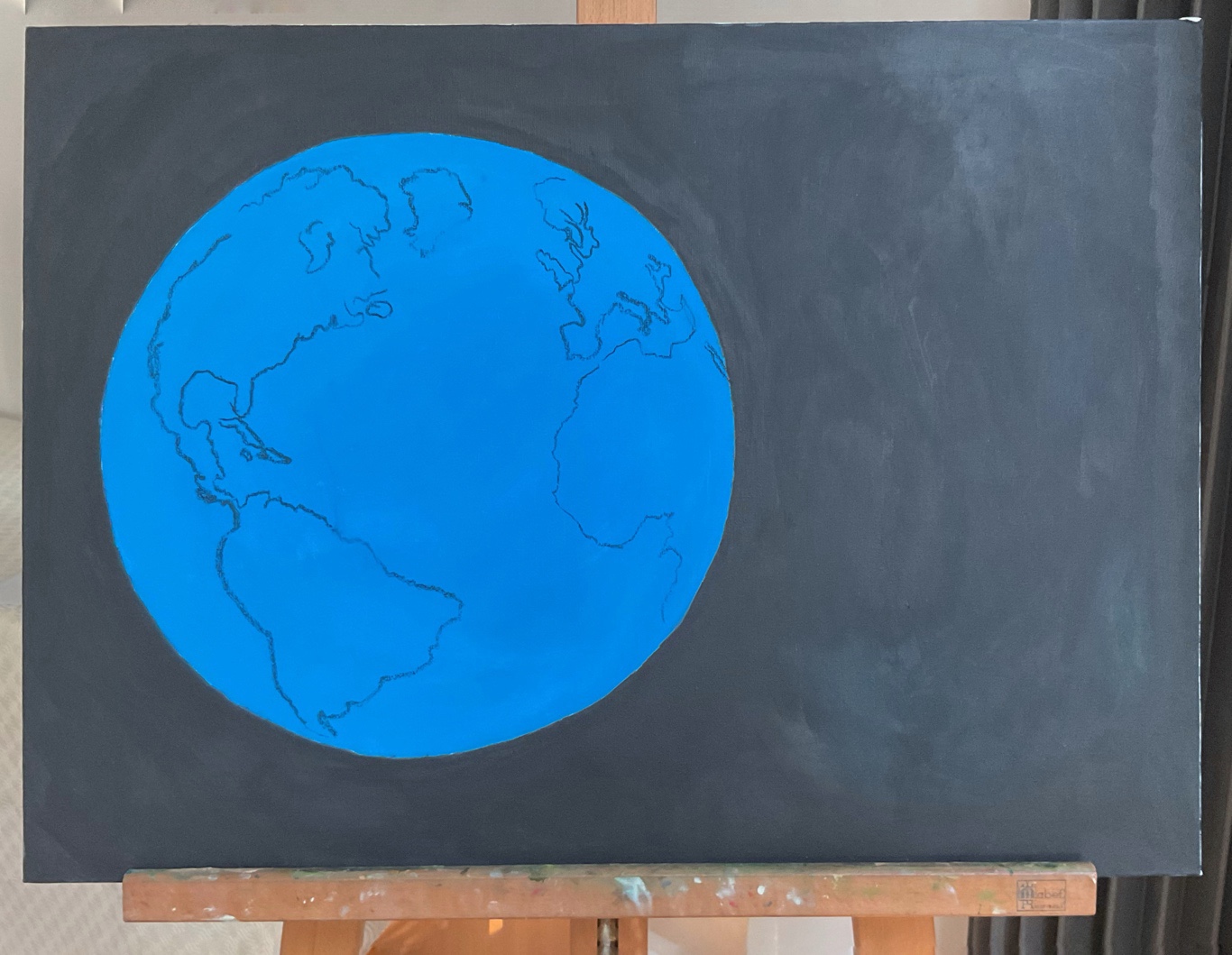 Acrylic picture of Earth - draw in the land masses with charcoal