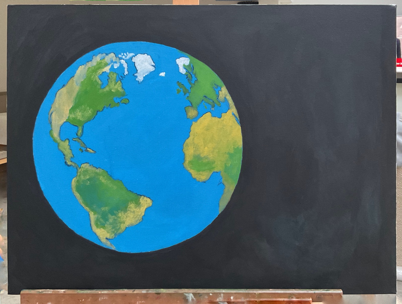 Acrylic painting of Earth- continents filled in