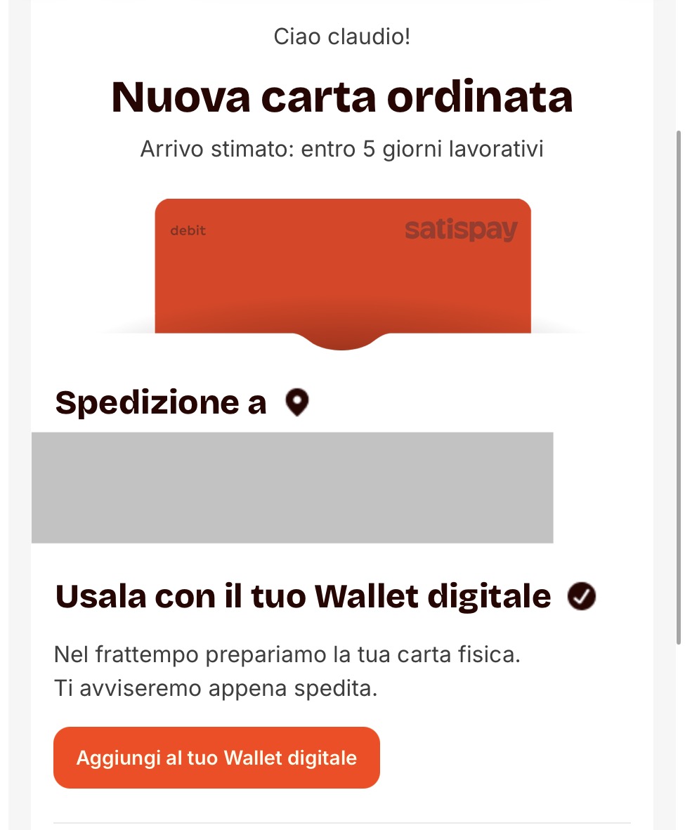 Ho ordinato la nuova carta di Satispay