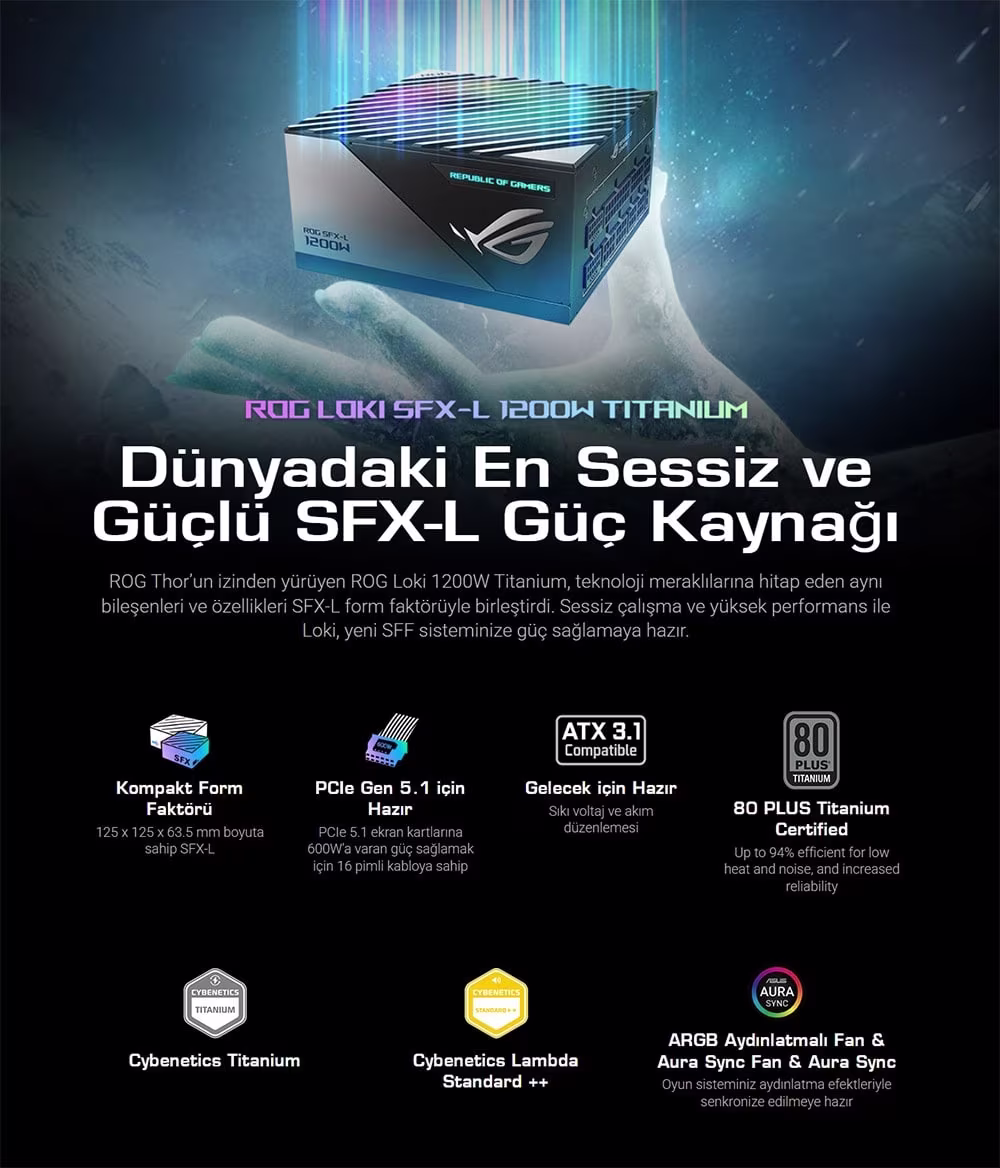 ASUS ROG Loki SFX-L 1200W Titanium 80 PLUS Titanium Tam Modüler Güç Kaynağı