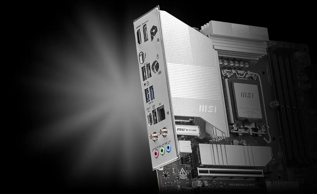 PRO B860M-A WIFI arka I/O Thunderbolt 4 5G Wi-Fi 7