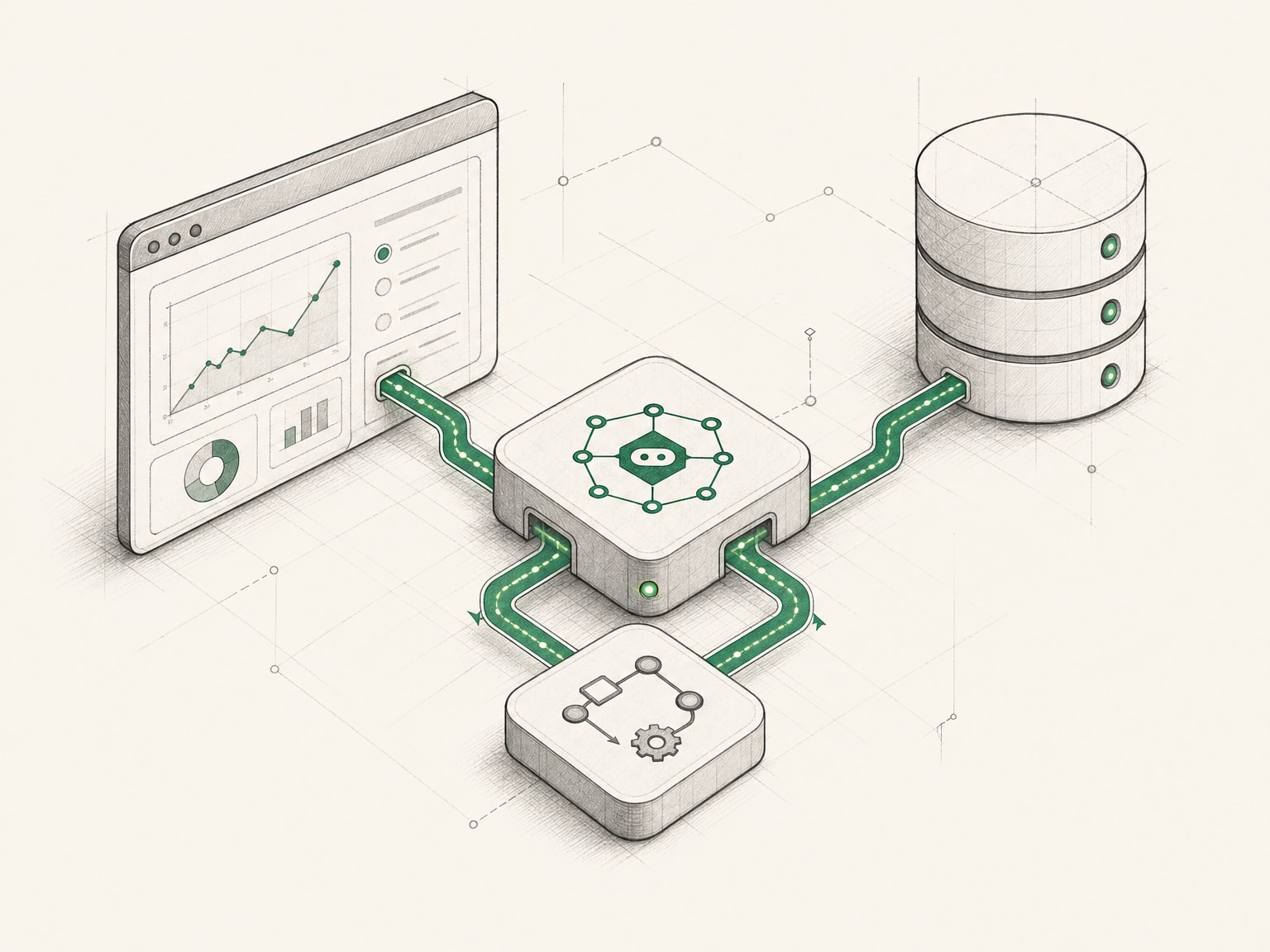 Isometrische technische tekening: een centrale orkestratiemodule verbindt via groene datastromen een browservenster met een dashboard, een database en een automatiseringsknooppunt.