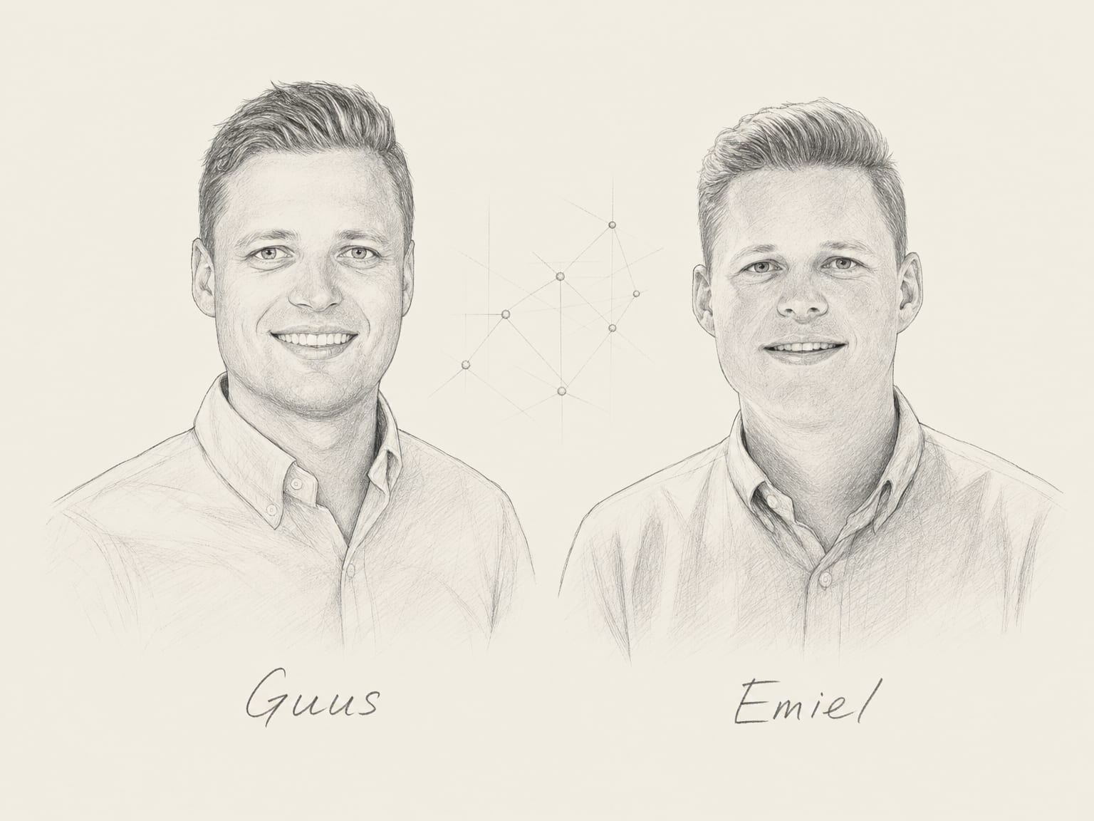 Getekend dubbelportret van Guus en Emiel Kolk naast elkaar, met hun voornamen er met de hand bij geschreven