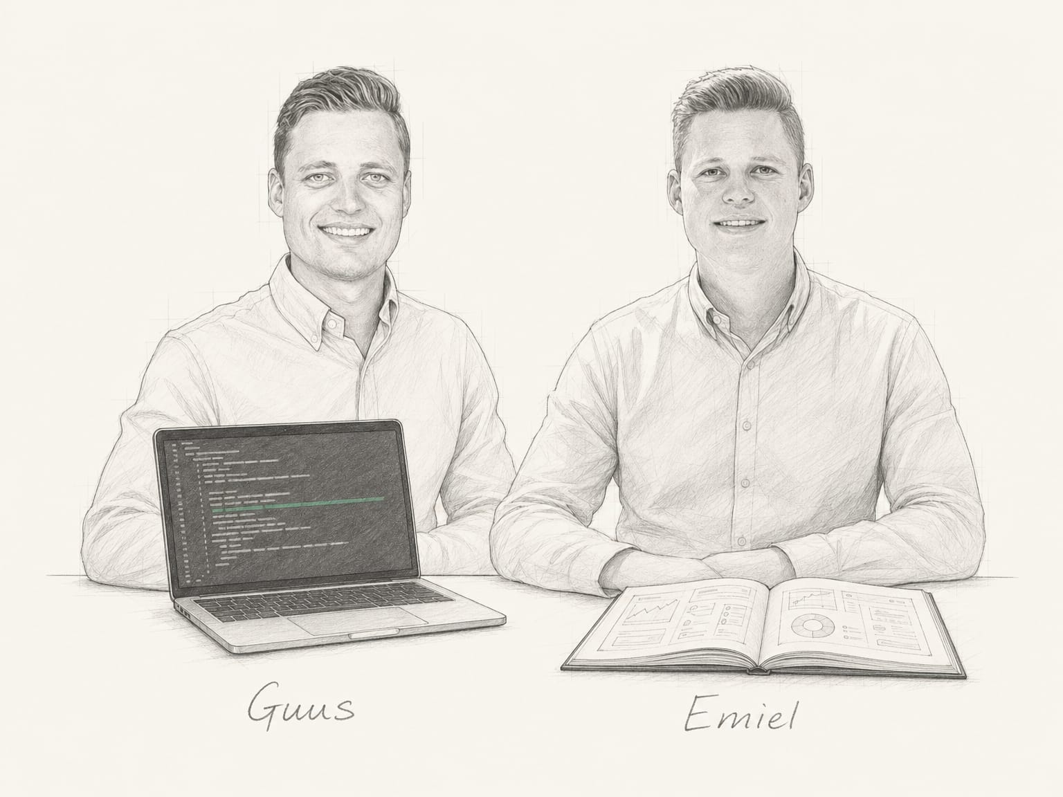 Getekend dubbelportret van Guus en Emiel Kolk achter een blad, met links een laptop met code op het scherm en rechts een opengeslagen schetsboek