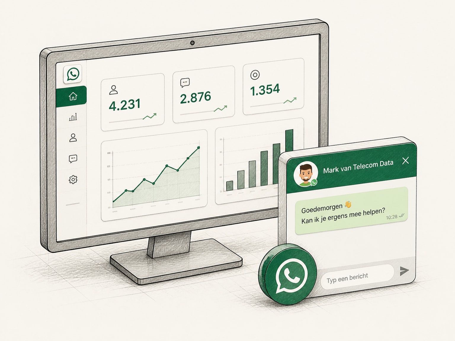 Scene: een beeldscherm op een voet met een dashboard vol kengetallen en grafieken, en rechtsvoor het WhatsApp-venster van Futy met een groene ronde knop schuin ervoor.
