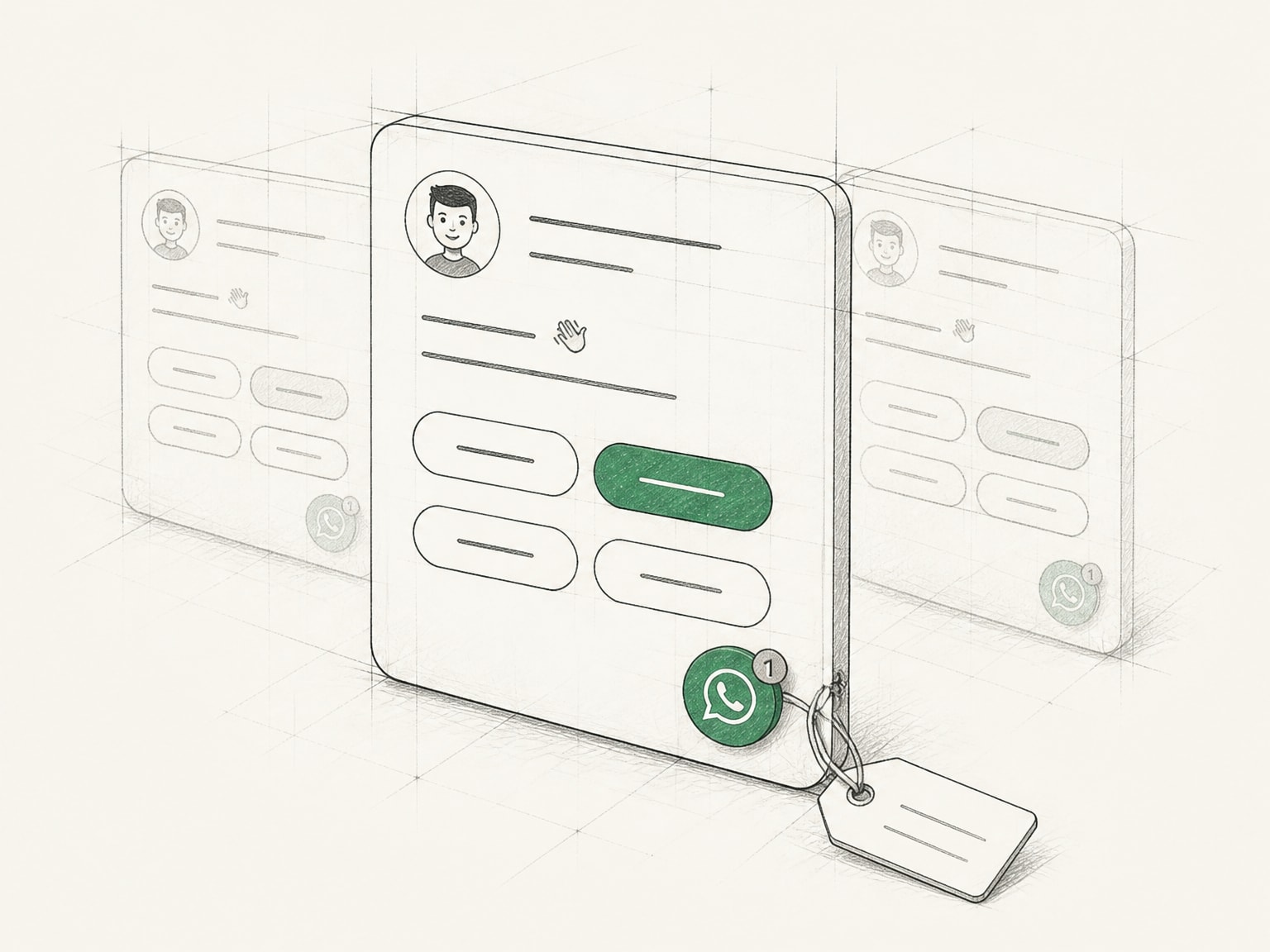Getekend chatvenster van Futy met keuzeknoppen en een ronde WhatsApp-knop, met twee flauwere versies erachter en een kaartje aan een touwtje