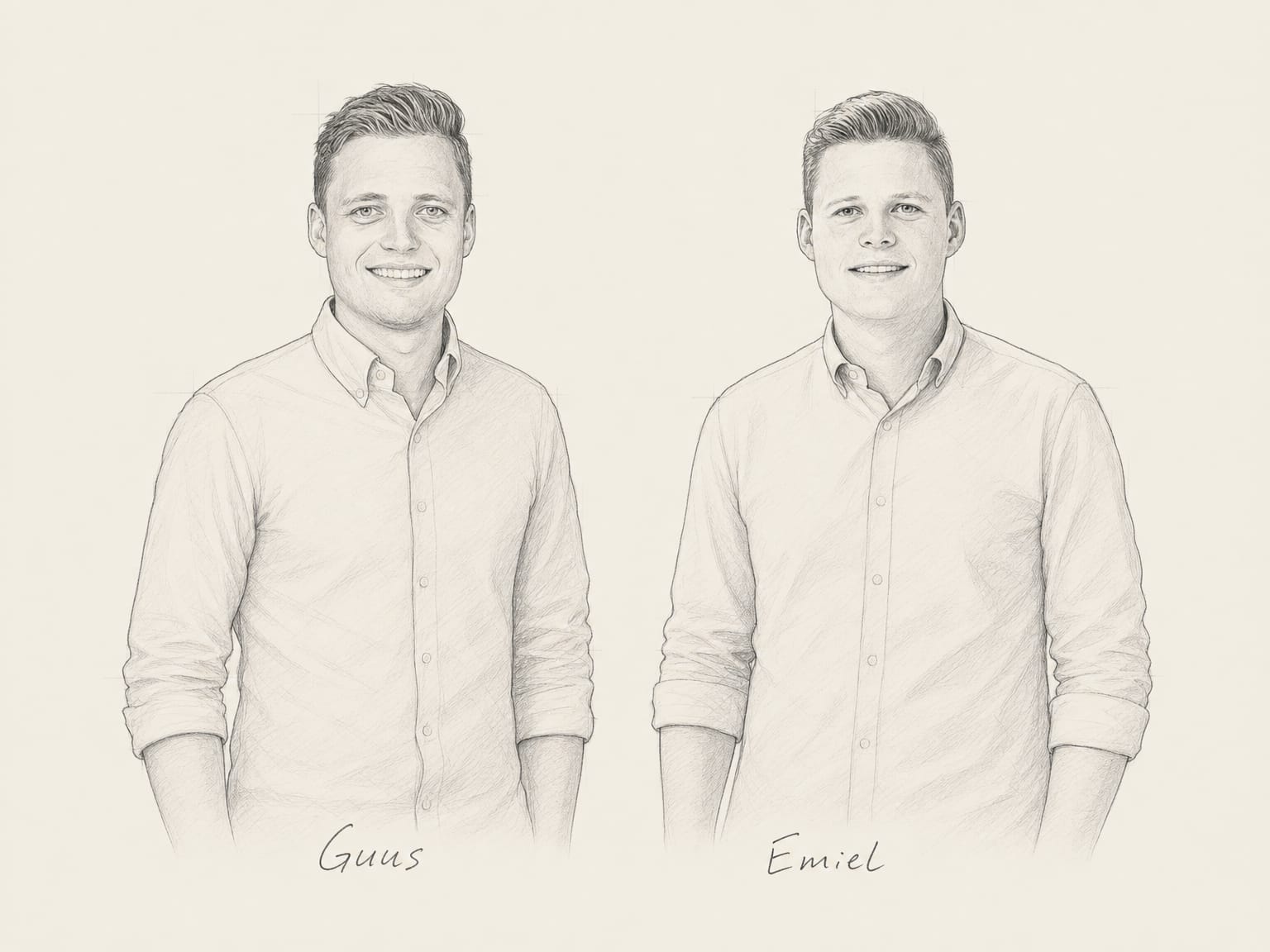 Portret: getekende halffiguren van Guus en Emiel Kolk naast elkaar, allebei recht naar de kijker kijkend in een effen overhemd, met hun voornamen er met de hand onder geschreven.
