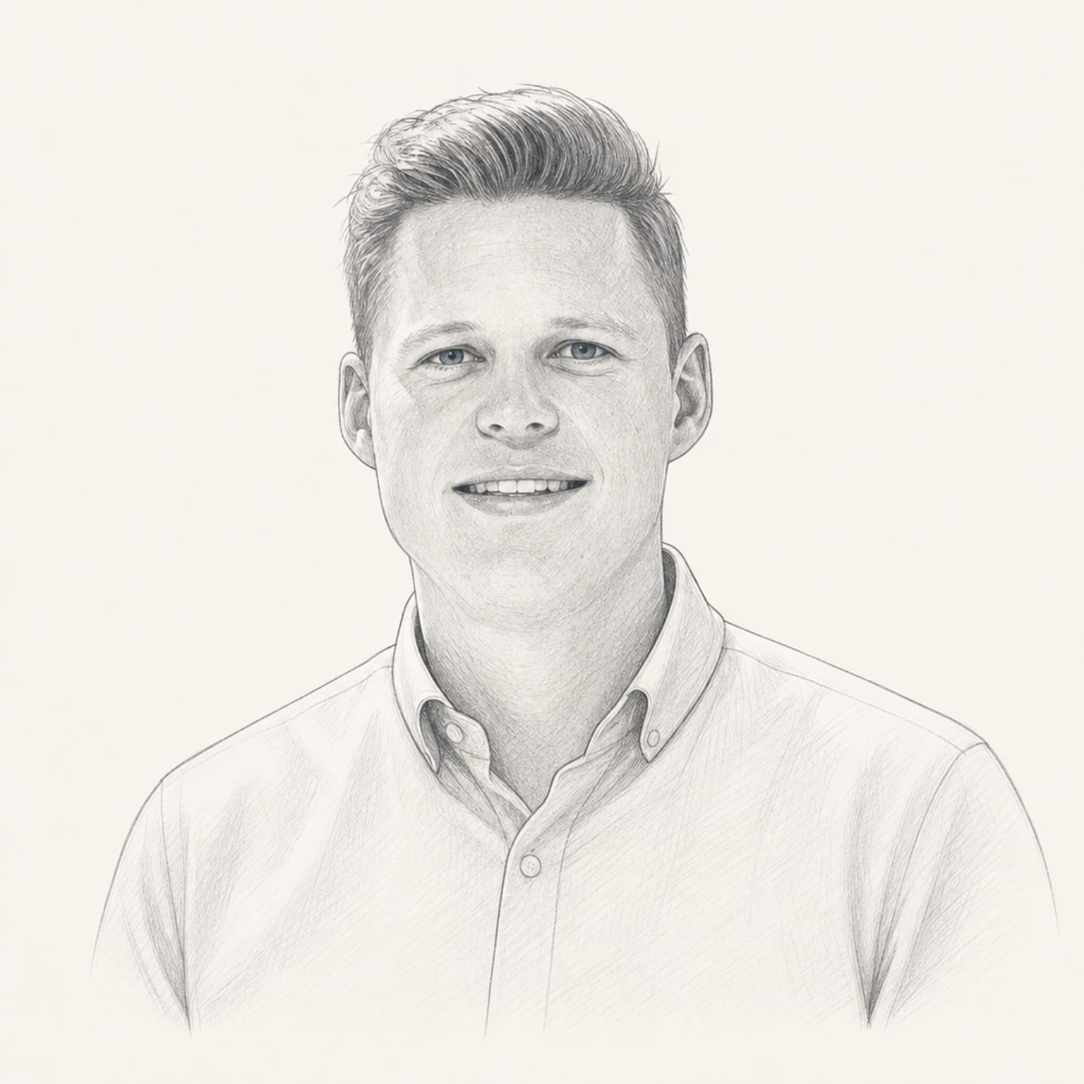 Portret: getekend borstbeeld van Emiel Kolk in potloodstijl, recht naar de kijker kijkend met een lichte glimlach, in een effen overhemd.