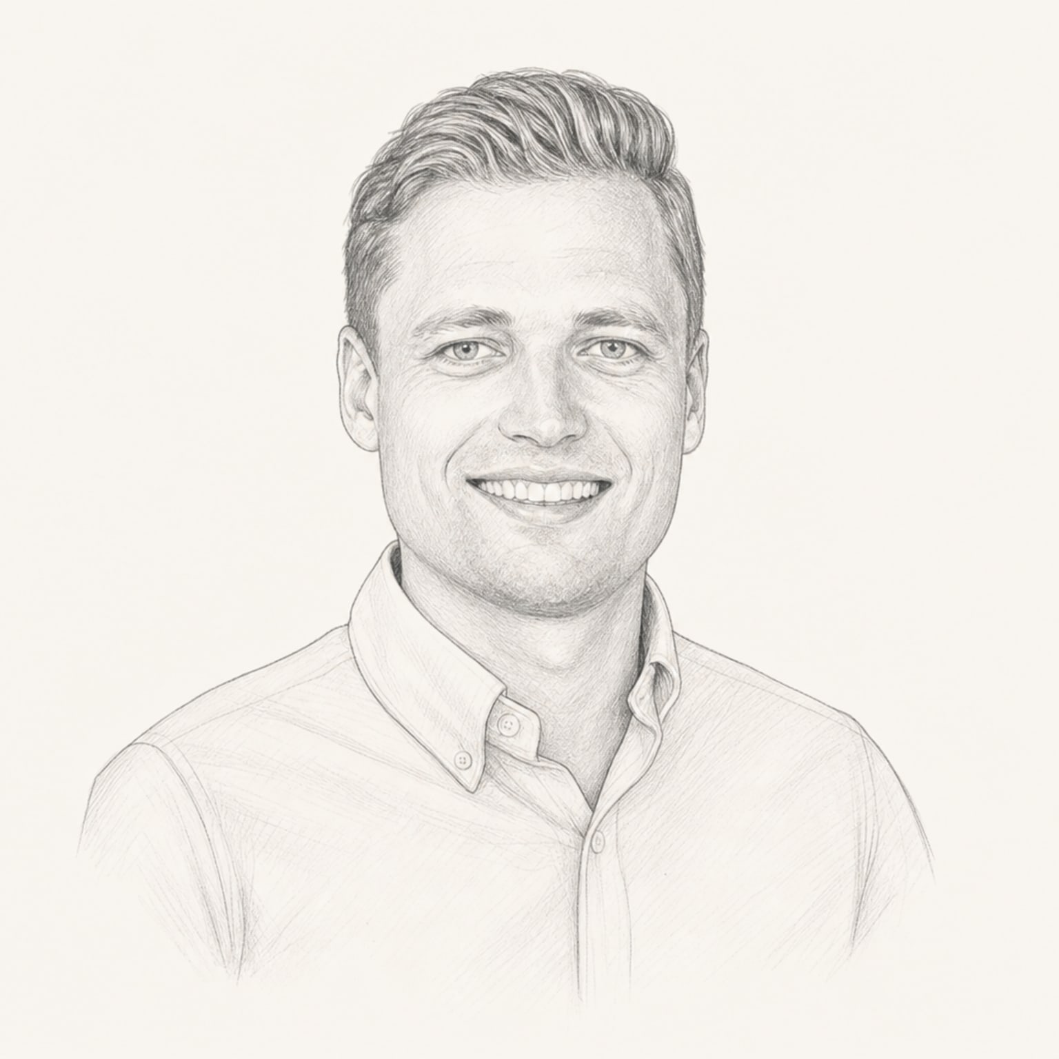 Portret: getekend borstbeeld van Guus Kolk in potloodstijl, recht naar de kijker kijkend met een lichte glimlach, in een effen overhemd.