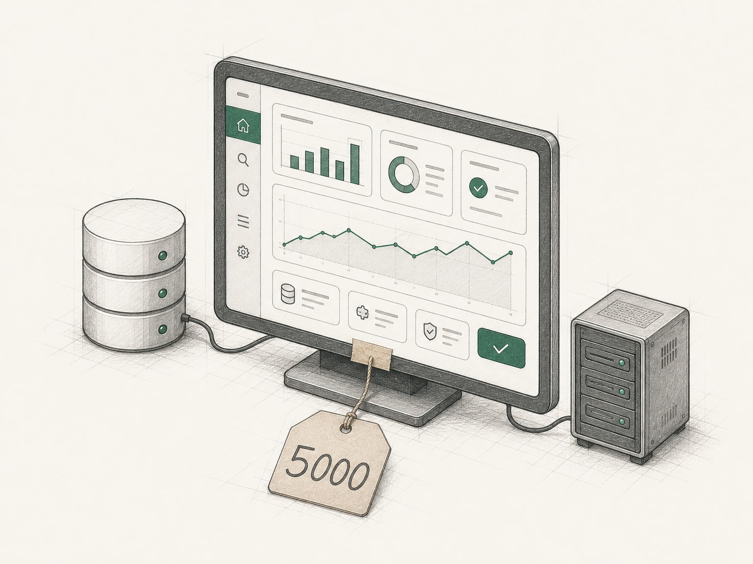 Scene: een beeldscherm met een dashboard, links een gestapelde databasecilinder en rechts een klein serverkastje die er met kabels aan vastzitten, en aan het scherm hangt een kartonnen prijskaartje aan een touwtje met 5000 erop.