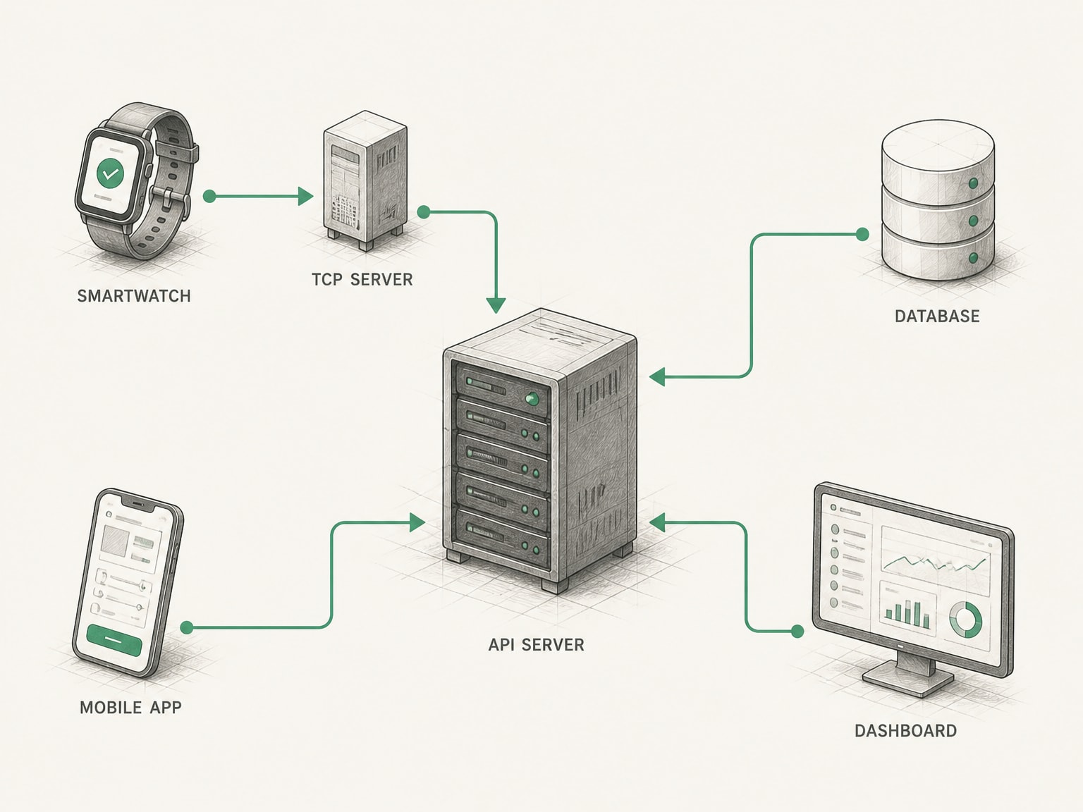Diagram: een smartwatch verbonden met een TCP-server, die doorloopt naar een centrale API-server, met daaromheen een database, een telefoon met een app en een beeldscherm met een dashboard, alle drie met een groen pad naar die API-server.