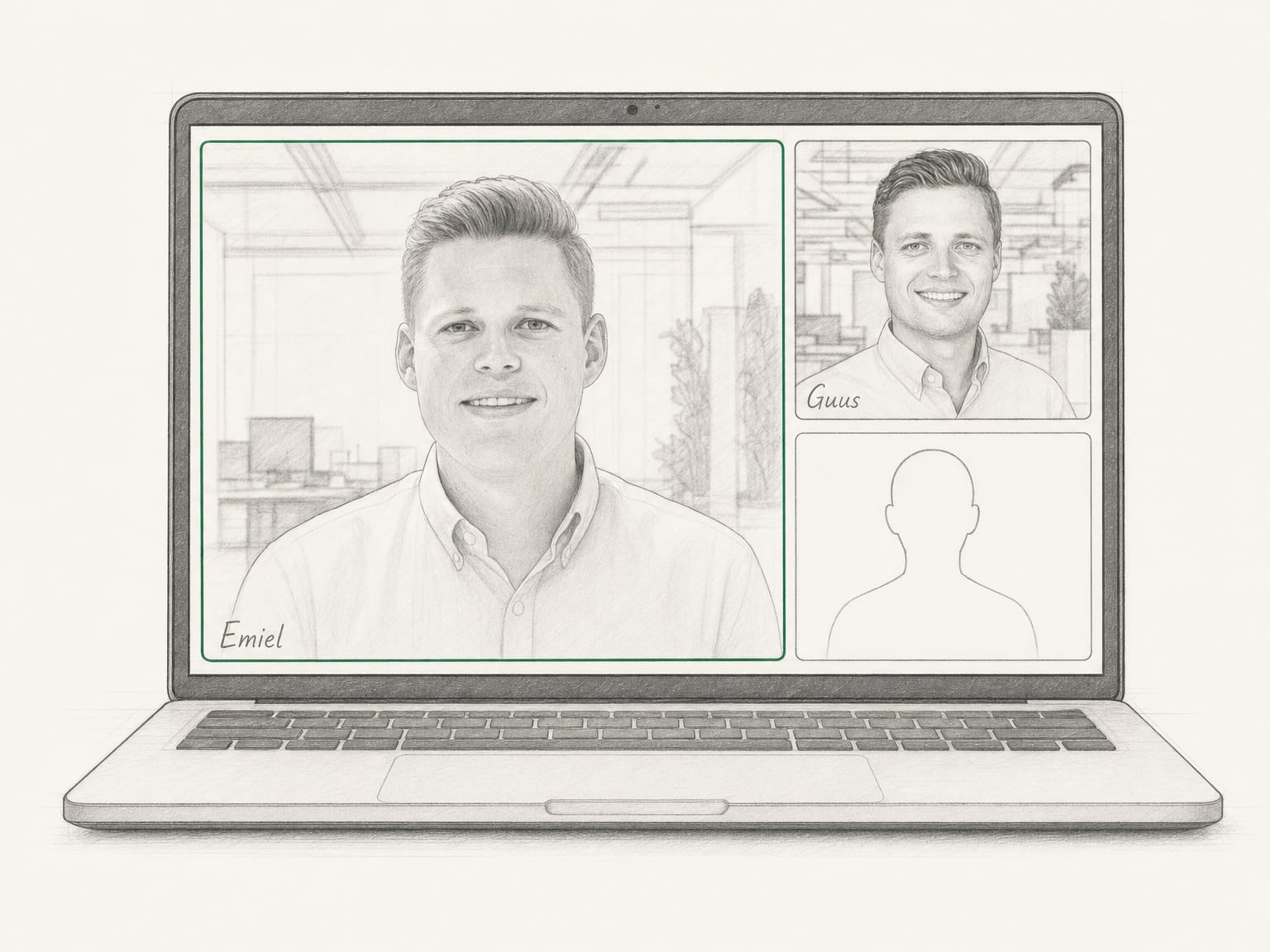 Getekende laptop met een videogesprek op het scherm: een groot kader met Emiel Kolk, een klein kader met Guus Kolk en een leeg kader met alleen een omtrek