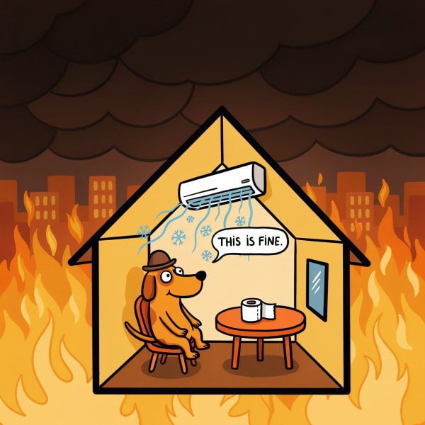 The ‘This is Fine’ dog is sitting inside a small house, beneath an air conditioning unit. The city outside is on fire.