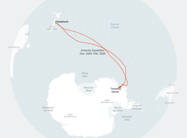 Map showing the route from Christchurch, New Zealand to Thwaites Glacier, Antarctica
