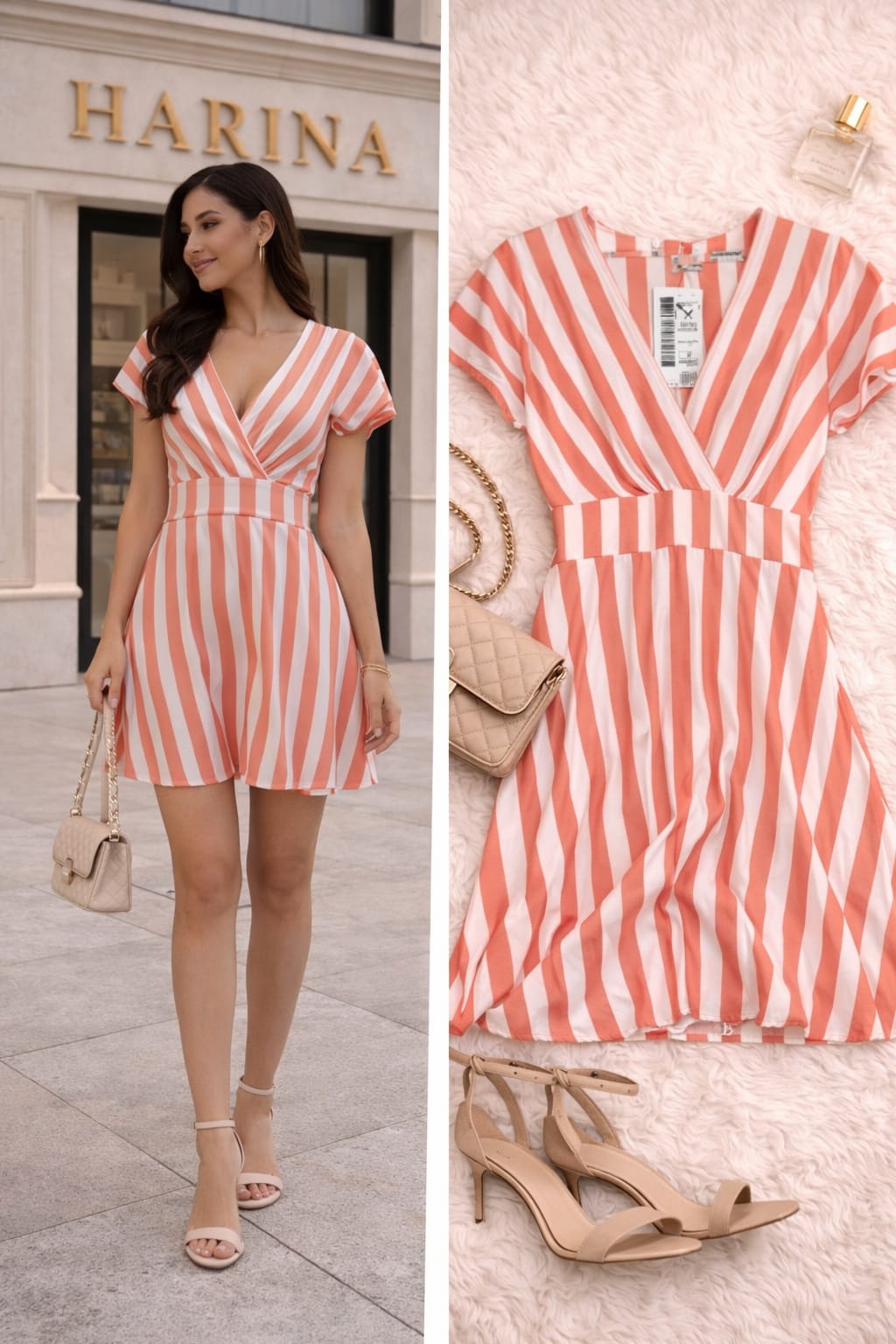 Vestido Casual de Rayas Coral y Blanco