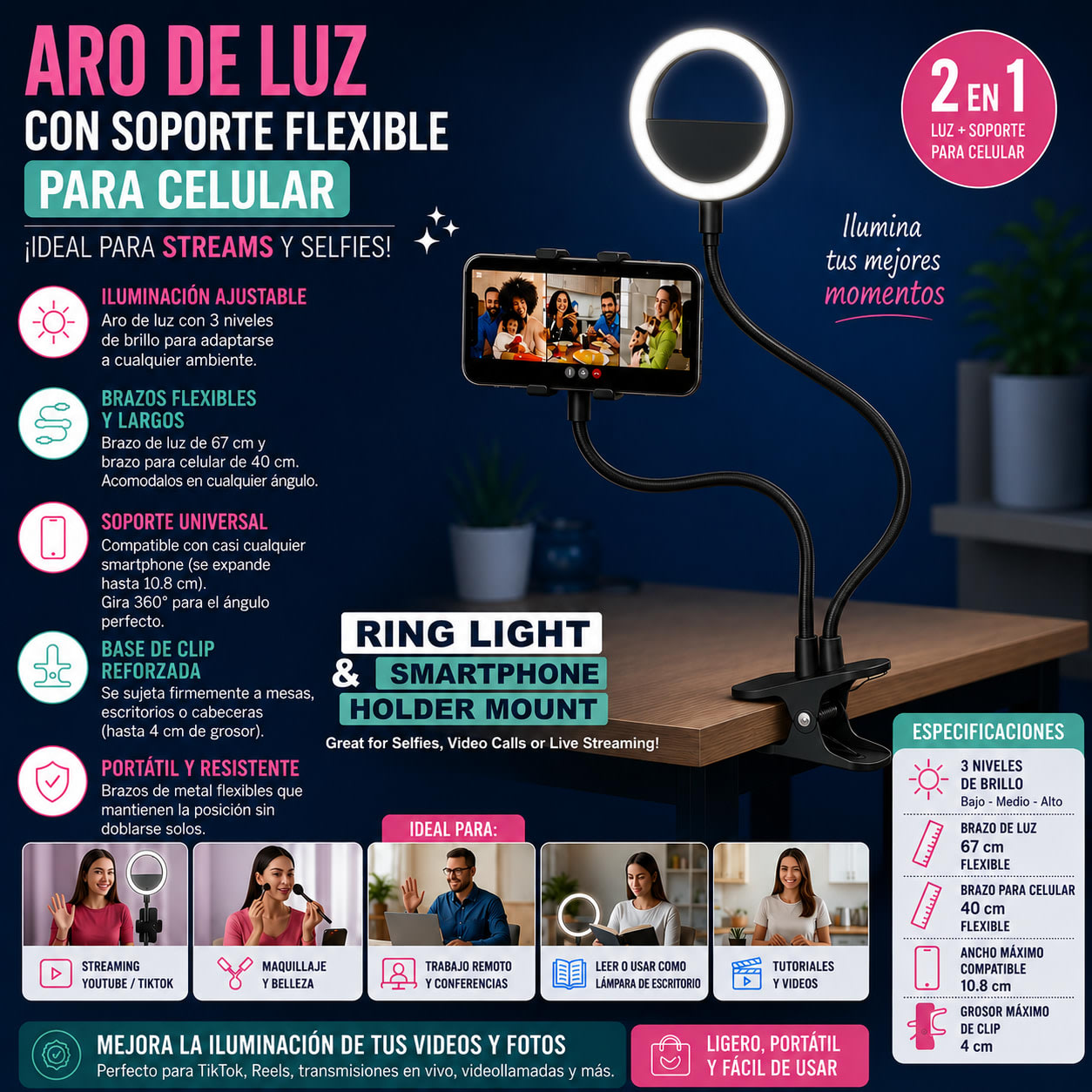 Aro de Luz Flexible con Soporte Celular