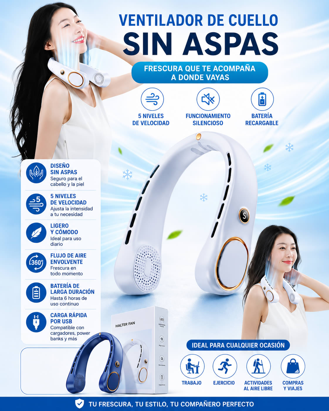 Ventilador de Cuello Portátil LED Azul — imagen 4