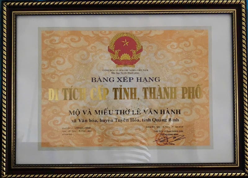 Bằng c&ocirc;ng nhận mộ v&agrave; miếu thờ L&ecirc; Văn H&agrave;nh l&agrave; di t&iacute;ch lịch sử cấp tỉnh.