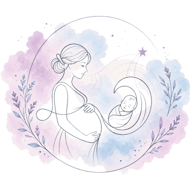 Illustration de la marque — femme enceinte et bébé dans un croissant de lune entouré de botaniques