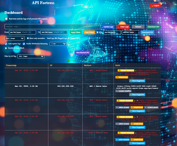 API Fortress live threat dashboard with real-time logs
