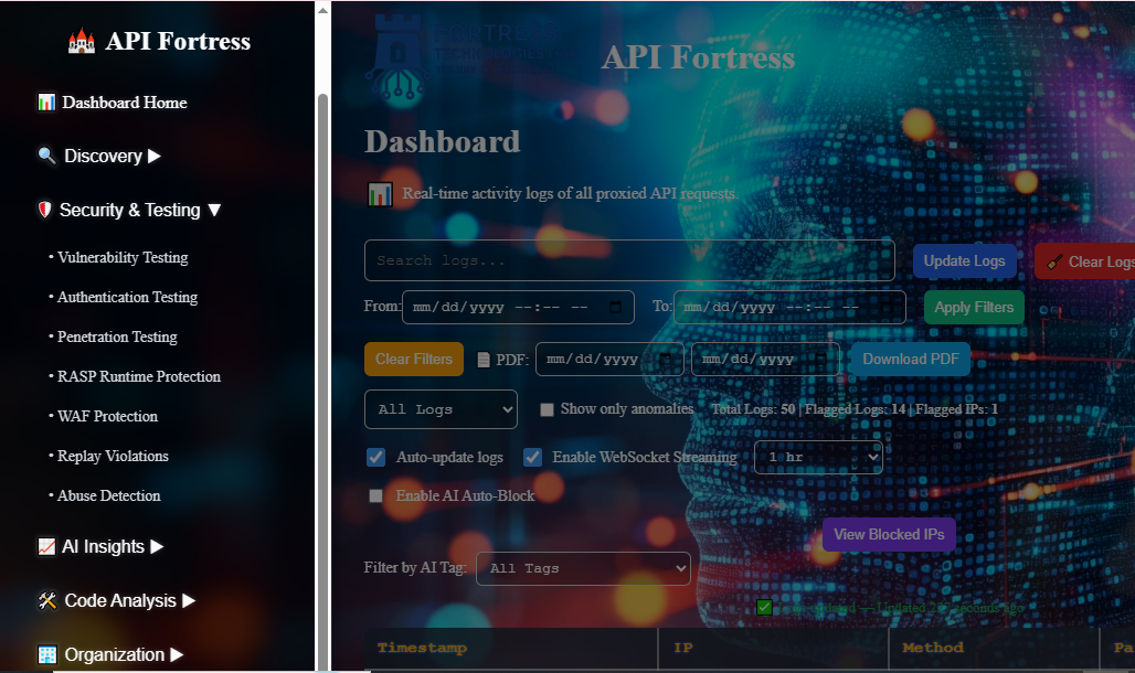 API Fortress security features and navigation panel