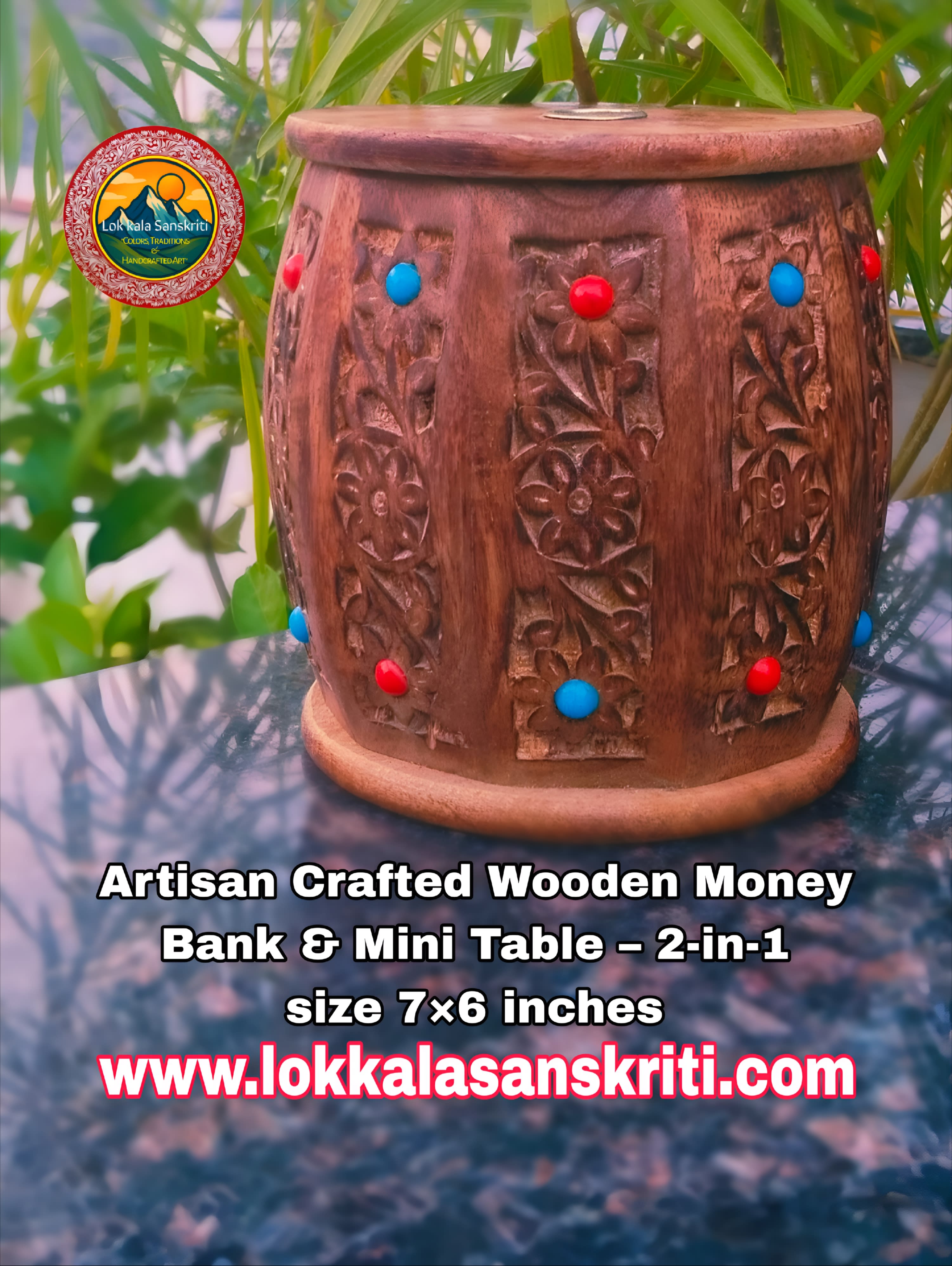 Artisan Crafted Wooden Money Bank & Mini Table – 2-in-1