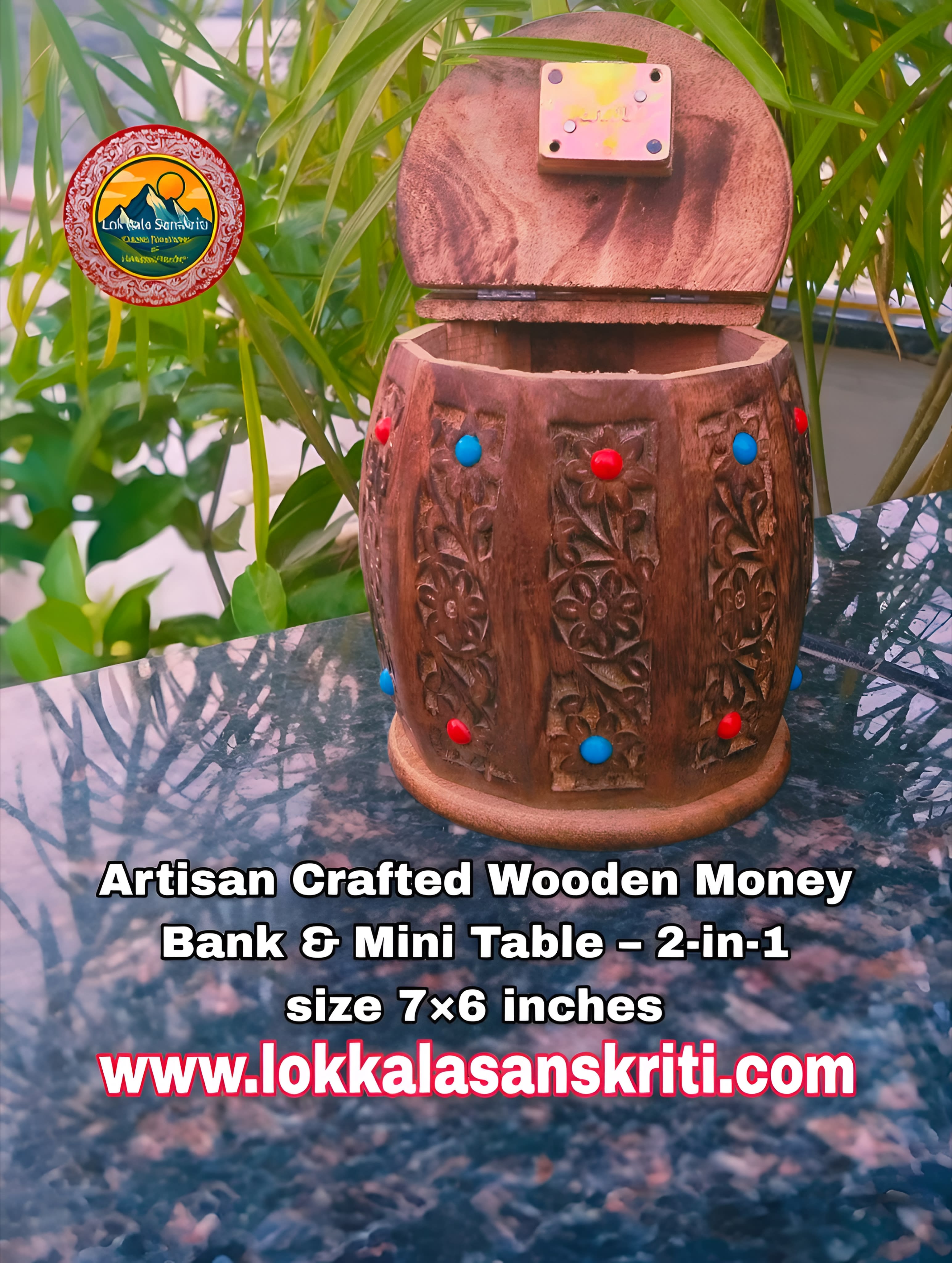 Artisan Crafted Wooden Money Bank & Mini Table – 2-in-1 thumbnail 2