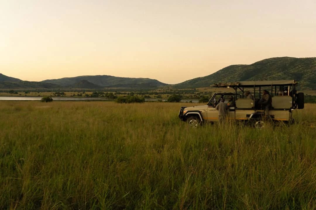 Gäste in einem Marken-Safari-Fahrzeug, während professionelle Guides und Mitarbeiter Safari-Arrangements koordinieren, wobei die Zuverlässigkeit und Servicequalität eines führenden Uganda-Reiseveranstalters hervorgehoben wird.