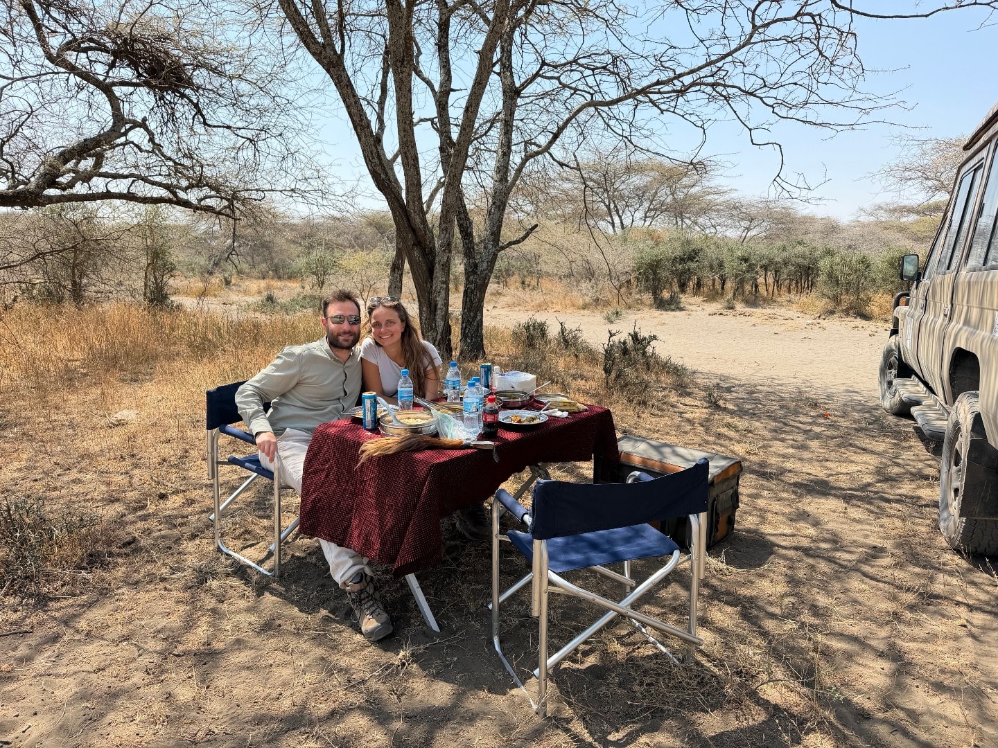 A couple having a bush breakfast under a tree beside a safari vehicle in Tanzania