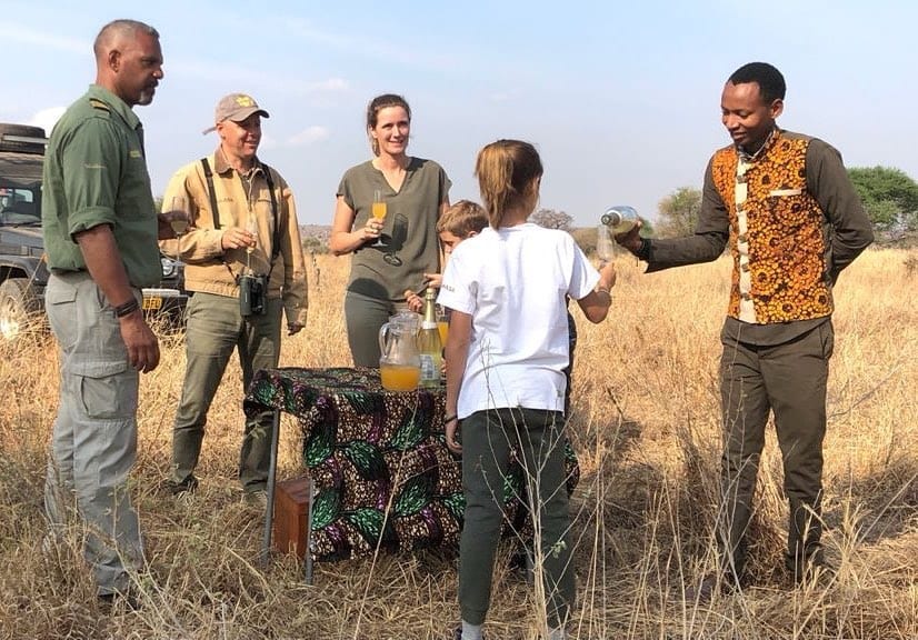 Safari-Guides, die während eines Bush-Stops Getränke an Gäste in trockenem Gras servieren