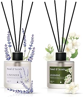 Soul & Scents Lavender and Jasmine Reed Diffuser Set - 100ml with Free 10 Rattan Reed Sticks| Toxin Free & Stress Relief| Long Lasting | Room Freshener for Home, Bedroom & Office| Combo Pack of 2