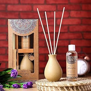 IRIS Amogha Lavender Khus Reed Diffuser | 100ml Oil + 8 Reed Sticks | Decorative Ceramic Pot | Smoke-Free Home Fragrance | Ideal for Gifting