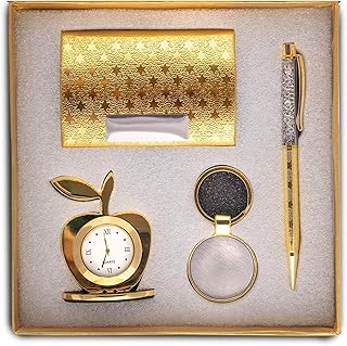 Lavanya Silver - Gold Plated 4-in-1 Gift Set for Men | Women ? Apple Shape Table Clock, Crystal Pen, Business Card Holder & Keychain ? Ideal for Office | Anniversary | Birthday & Corporate Gifting