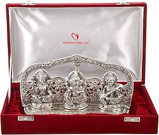 INTERNATIONAL GIFT® Silver Laxmi Ganesh Sarswati Idol Statue Oxidized Finish with Red Velvet Box Packing with Beautiful Carry Bag (14 cm X 25 cm X 5 cm)