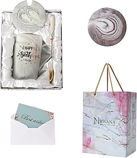 NYRWANA Coffee Mug, Gift for Woman, Birthday Present for Girlfriend, Mugs for Present, Present Items for Women, Cute Mugs with Spoon, Box & Bag (400ml-Grey)