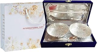 INTERNATIONAL GIFT® German Silver Brass Two Bowl with Two Spoon and with Single Tray with Beautiful Velvet Box Packing with Carry Bag Uses for Dry Fruit | Chocolate | Sweet | HomeDecor
