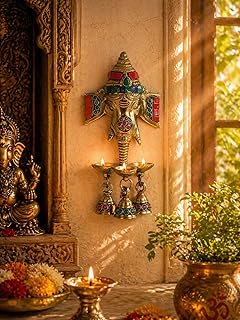 Two Moustaches Gemstone Work Brass Ganesha Wall Hanging Diya with Bells for Home Decor, Brass Hanging Diyas Oil Lamp, Diwali Gifts, Diyas for Diwali, Ghanti for Pooja, Temple Decor, Pack of 1