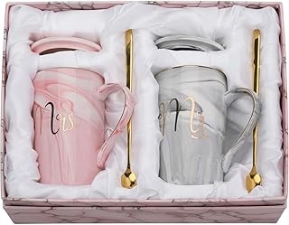 NYRWANA Coffee Mug, Wedding Present for Couples, Marriage Presents for Wedding, Couple Present, Mr & Mrs Set of 2 Coffee Mugs, Lids, Golden Spoon & Beautiful Gift Box (380ml-Ceramic)